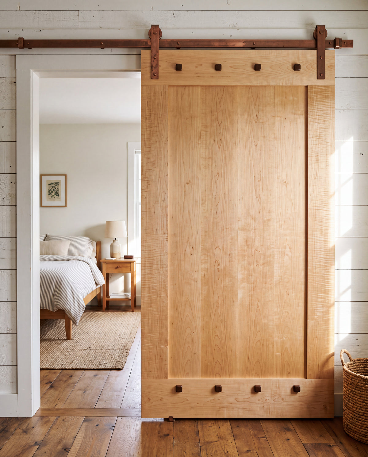 A large light natural wood curly maple track barn sliding barn door with dark metal hardware, shown installed in a white shiplap wall with a view into a softly lit bedroom. custom doors and custom track doors